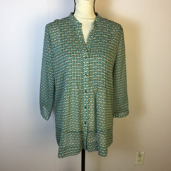 Charter Club Blouse Tunic Shirt Top Sz M Woman Blue Brown Print Sheer 3/4 Sleeve - Picture 1 of 13
